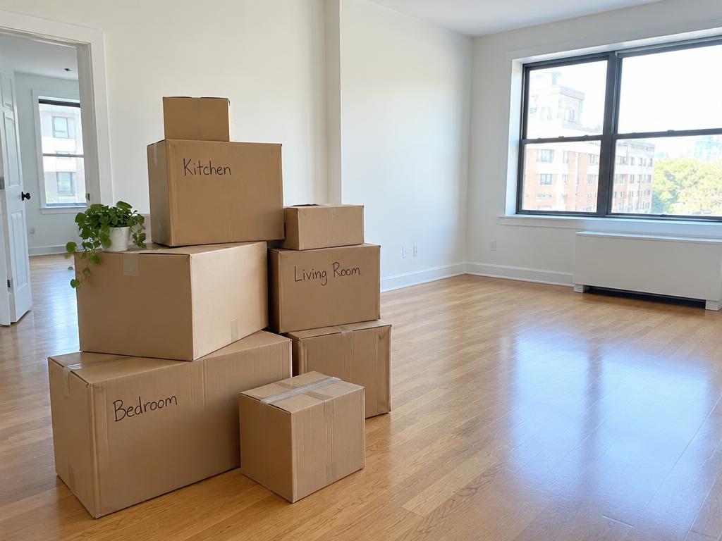 Moving boxes in a clean, empty apartment